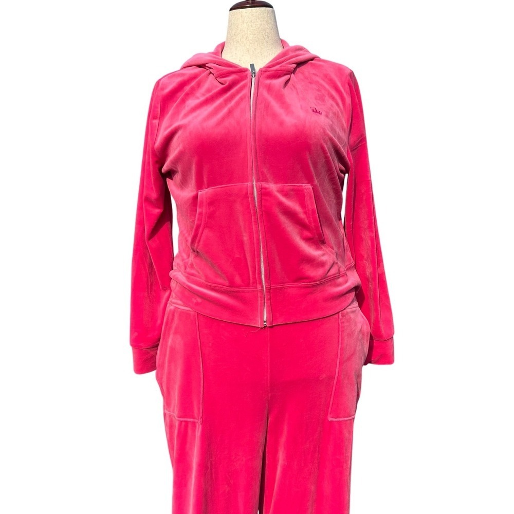 Juicy Couture Velour Tracksuit Women XL Pink Zip Hoodie Pants